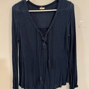 Navy lace up flowy blouse Hollister
